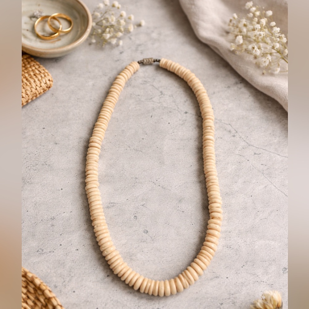 Natural Shell Beaded Necklace Ivory Disc Beads Coastal Boho Minimalist